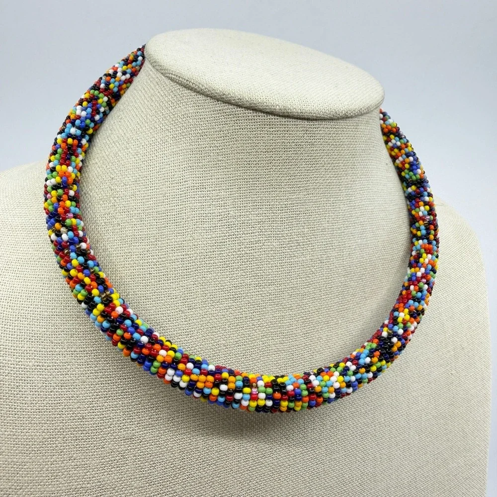Multicolor Seed Bead Collar Necklace Boho Statement Festival Layering Gift Chic